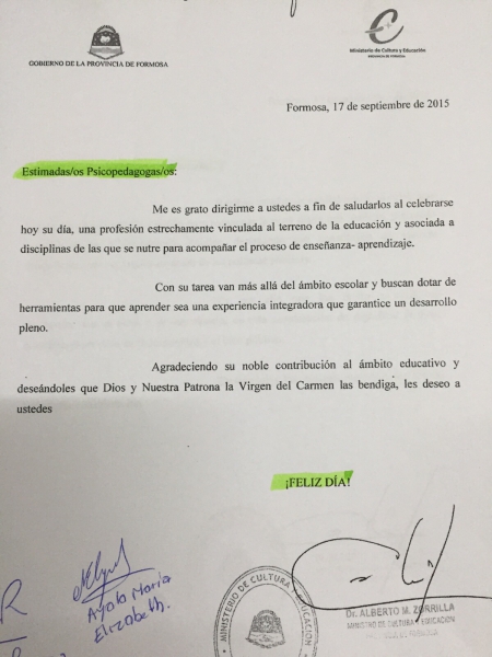 Saludo del Sr. Ministro de Cultura y Educacin a las Psicopedagogas del SETIC en su da